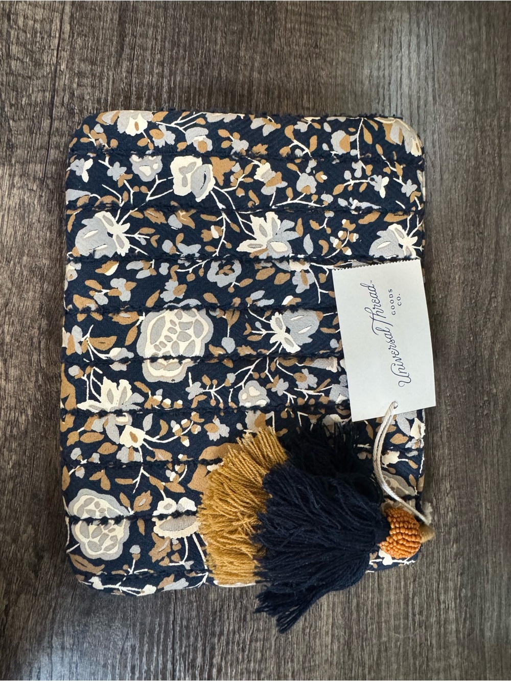 Universal Thread Navy Floral Quilted Zip Pouch with Brown and Cream Accents